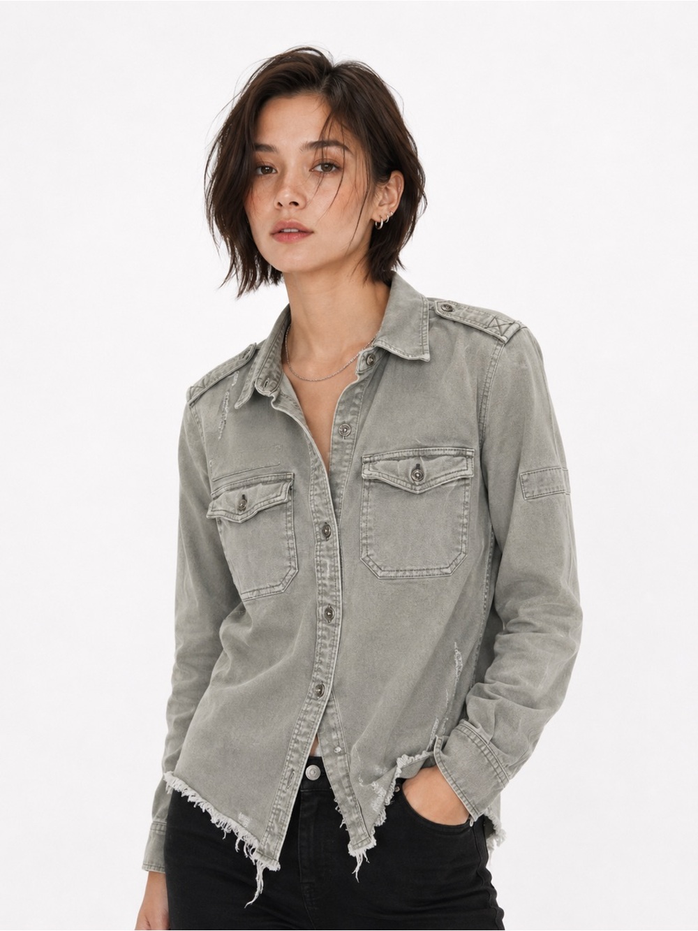Hollister Washed Light Green-Gray Distressed Botton Down Shirt size XS